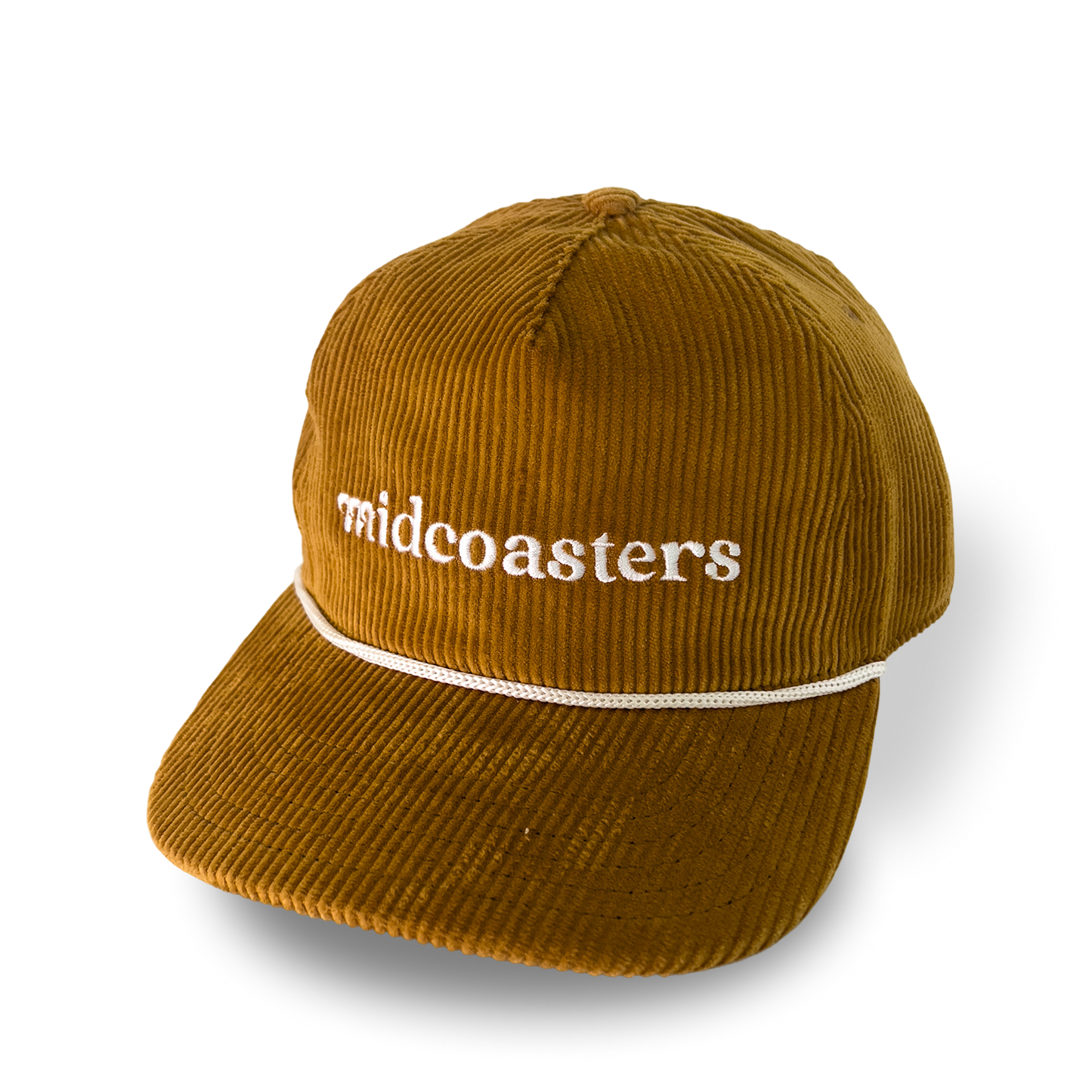 Amber corduroy cap with white embroidered 'midcoasters' text