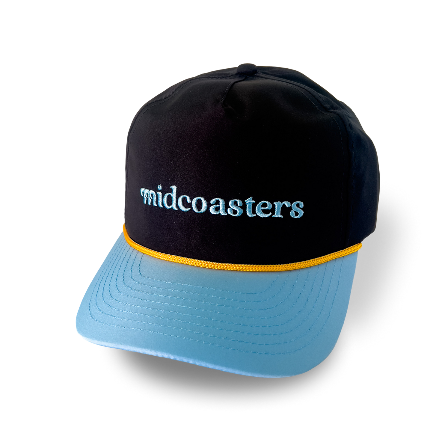 Blue cap with blue embroidered 'midcoasters' logo and yellow trucker rope