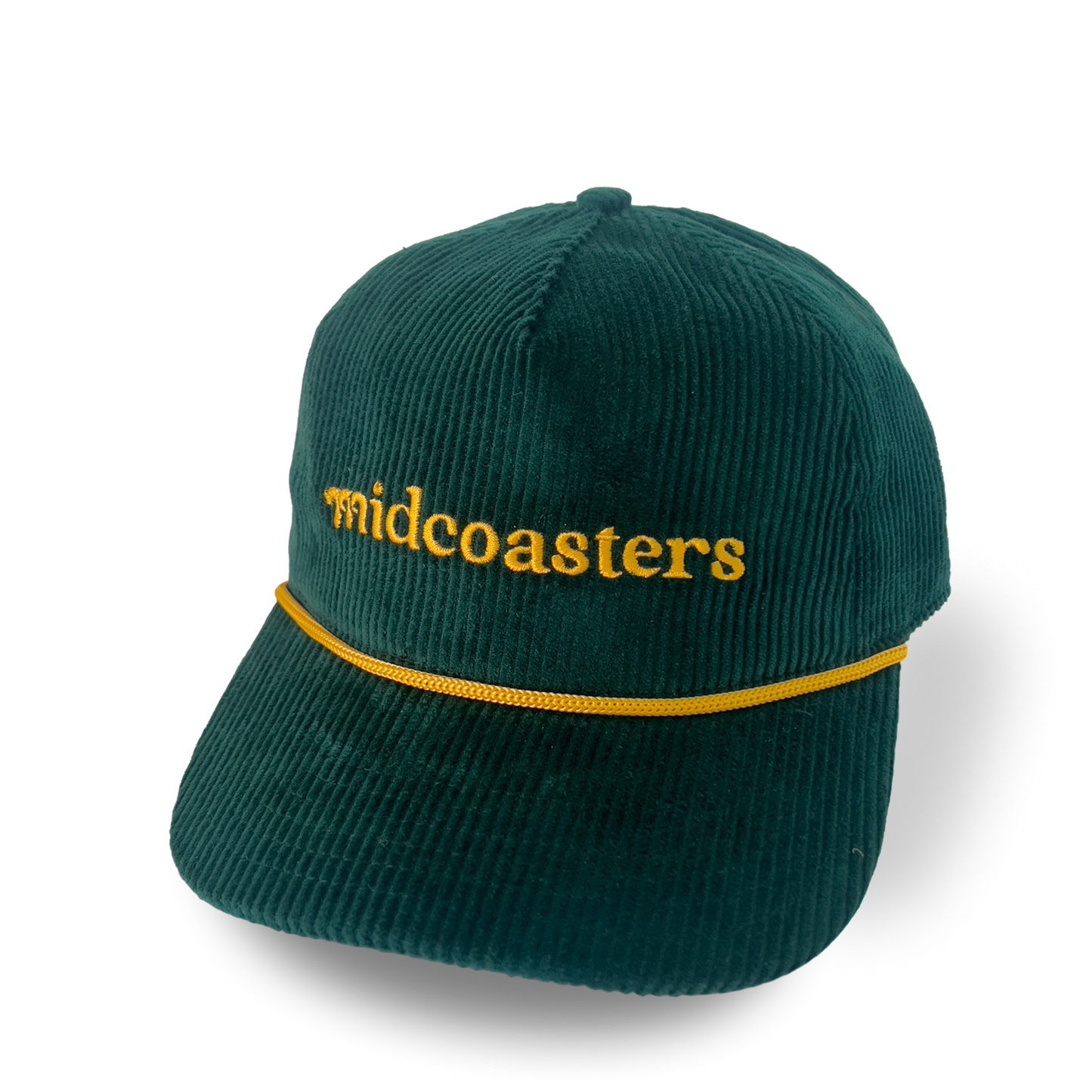 Green corduroy cap with yellow embroidered 'midcoasters' text 
