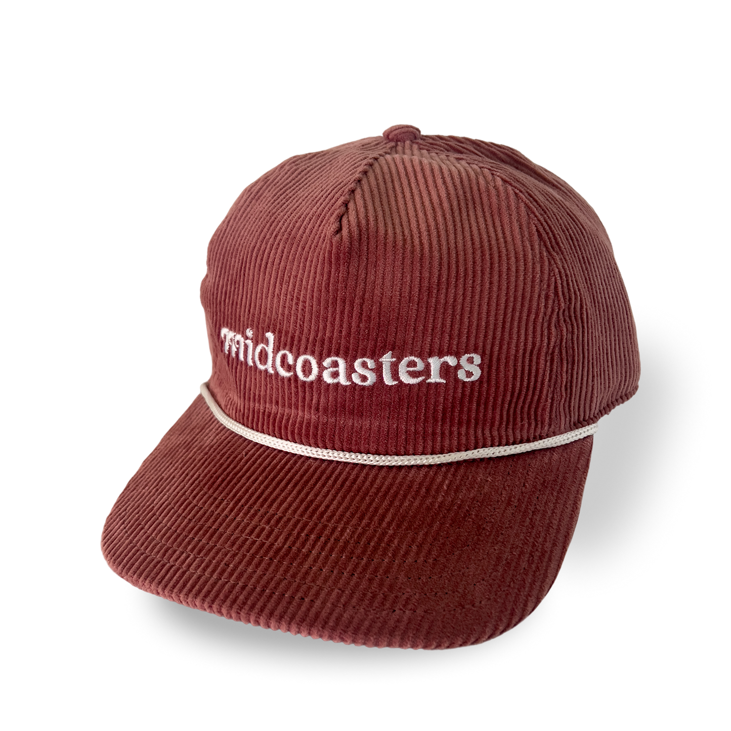 Dusty Rose corduroy cap with white embroidered 'midcoasters' text 