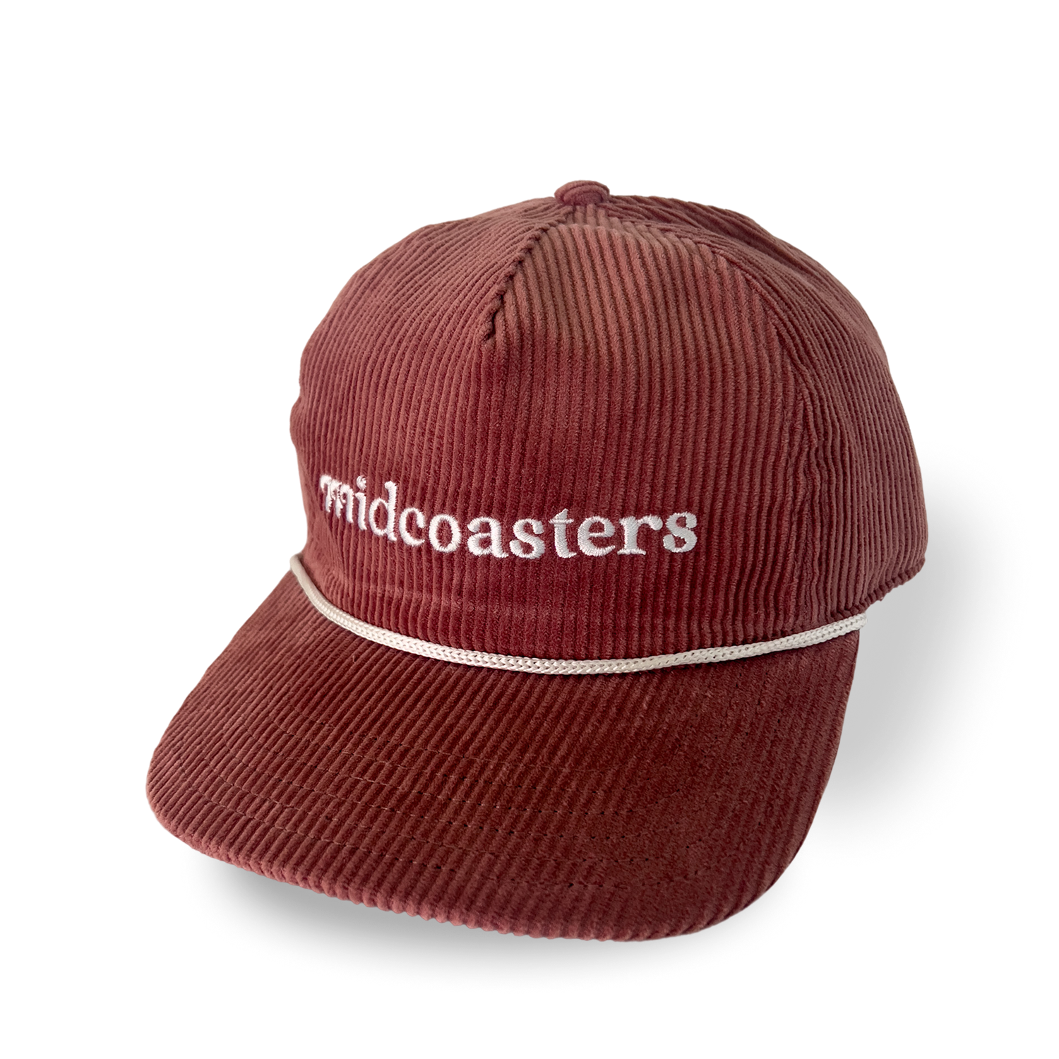 Dusty Rose corduroy cap with white embroidered 'midcoasters' text 