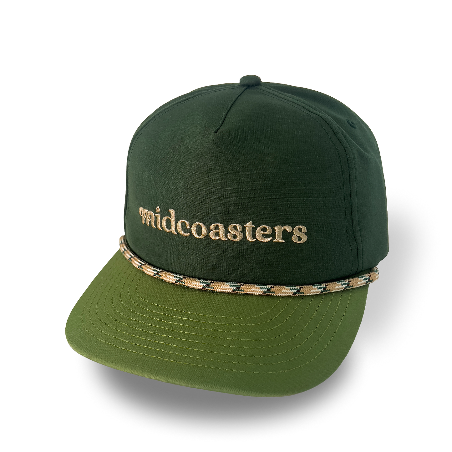 Green nylon cap with gold embroidered 'midcoasters' logo and braided band