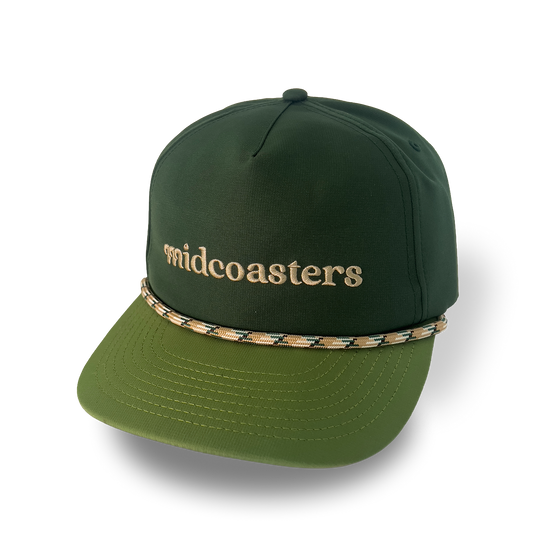 Green nylon cap with gold embroidered 'midcoasters' logo and braided band