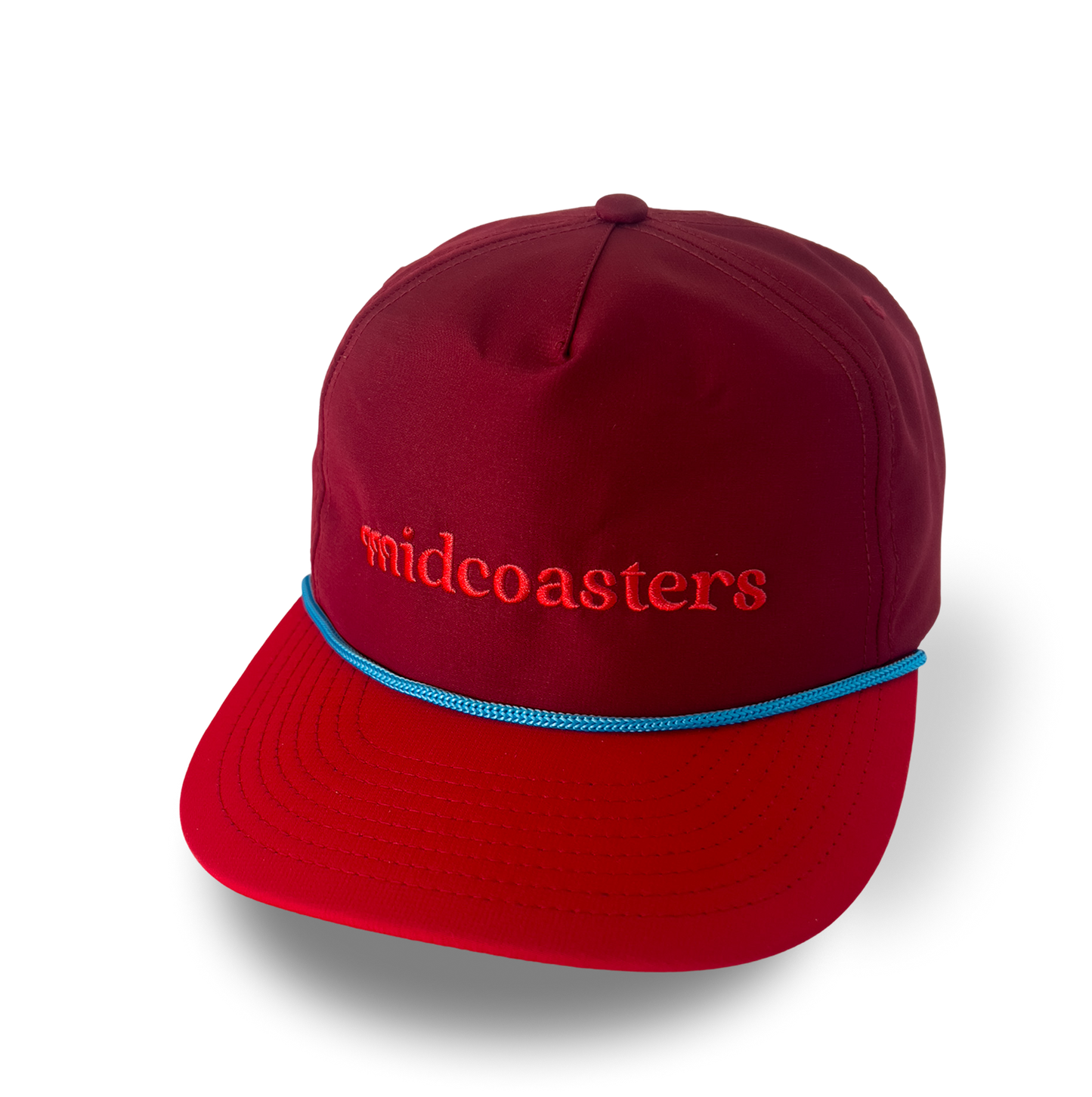 Red nylon cap with red embroidered 'midcoasters' logo and blue trucker rope