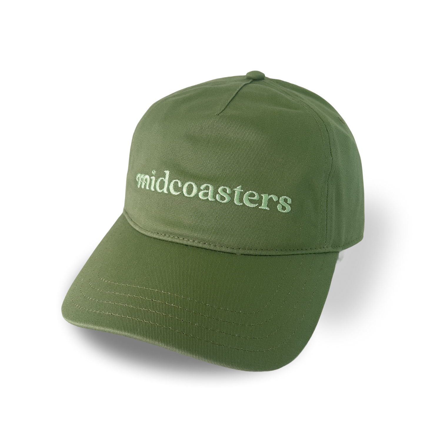 Sage cap with mint embroidered 'midcoasters' logo