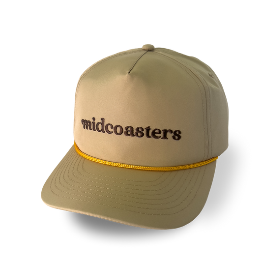 Beige nylon cap with brown embroidered 'midcoasters' logo and yellow trucker rope